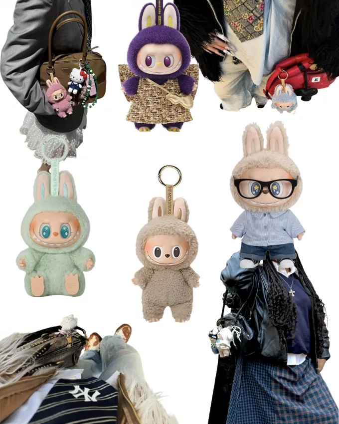 Collection of Labubu bag charms styled on various designer bags