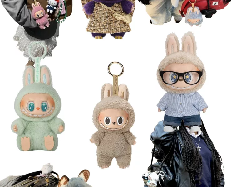 Collection of Labubu bag charms styled on various designer bags