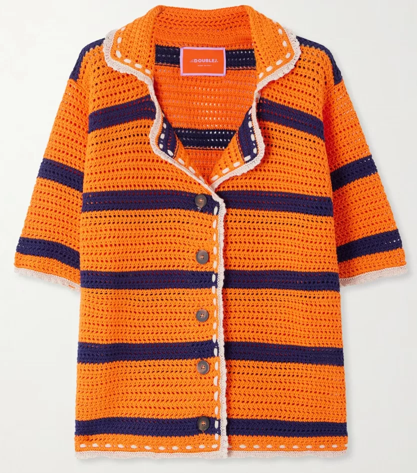 LA DOUBLEJ Salt 'N' Vinegar striped crocheted cotton shirt in blue and orange