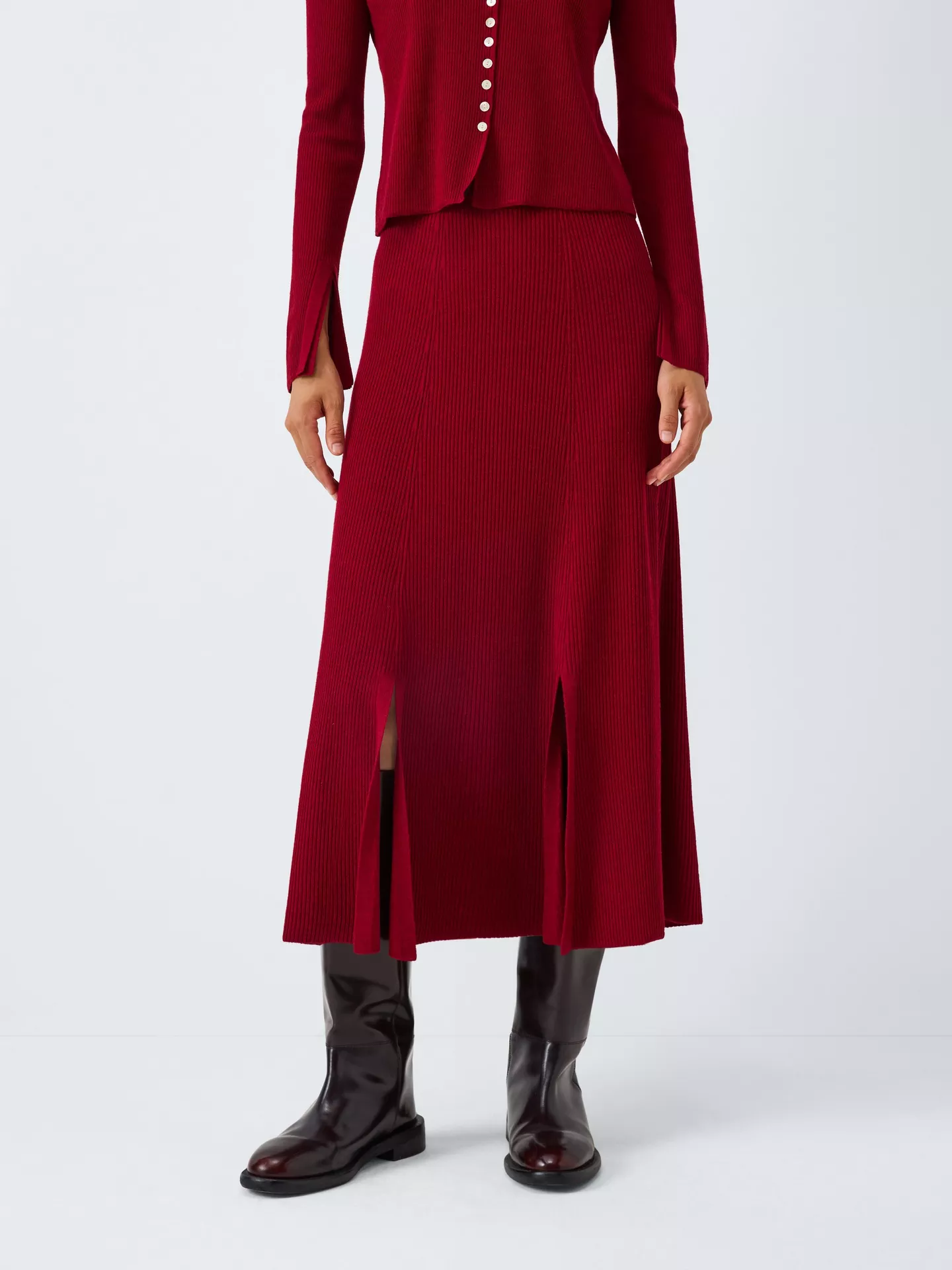 Merino Wool Blend Rib Knit Split Detail Midi Skirt