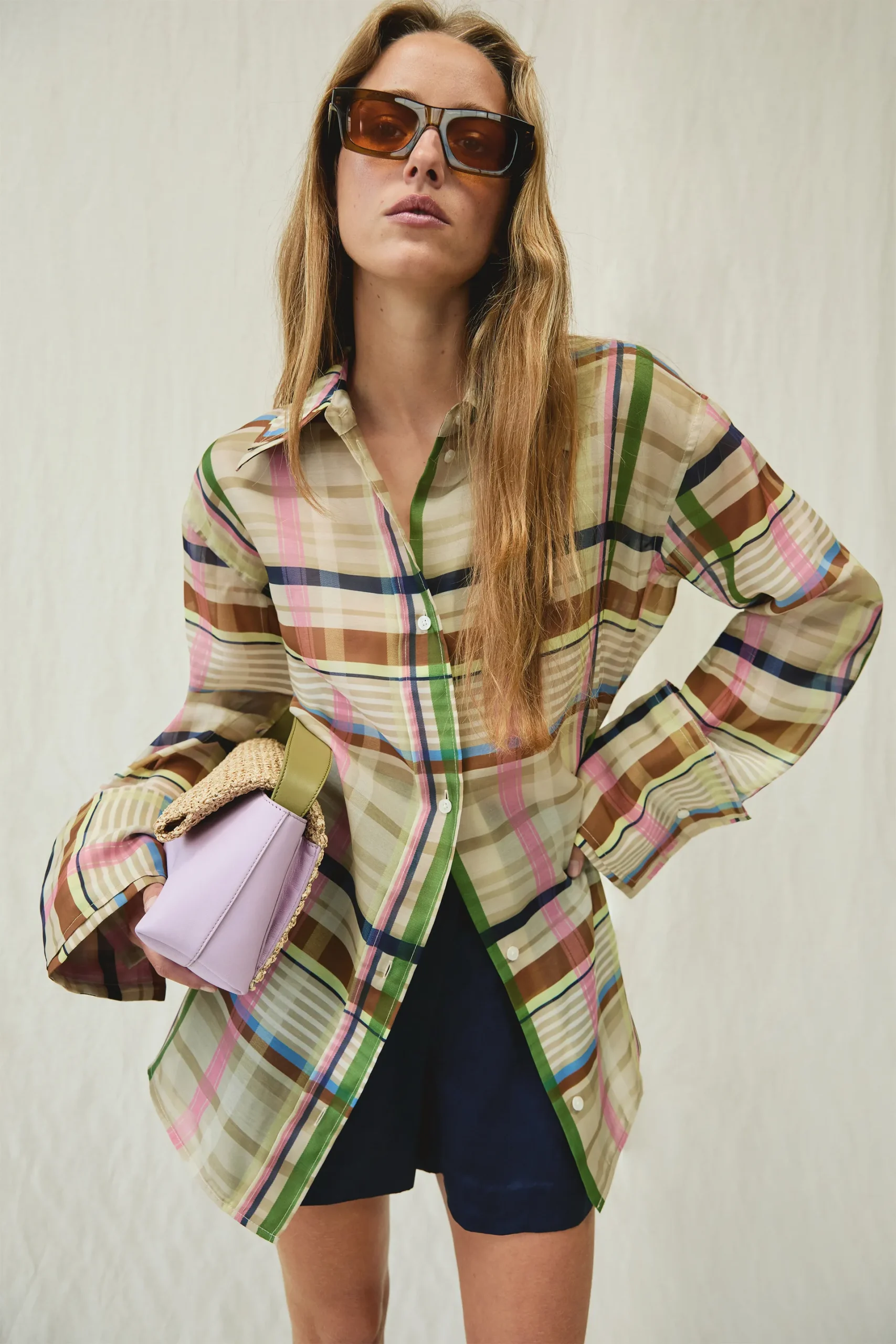 Tanya Taylor Spring 2027 checked shirt runway look