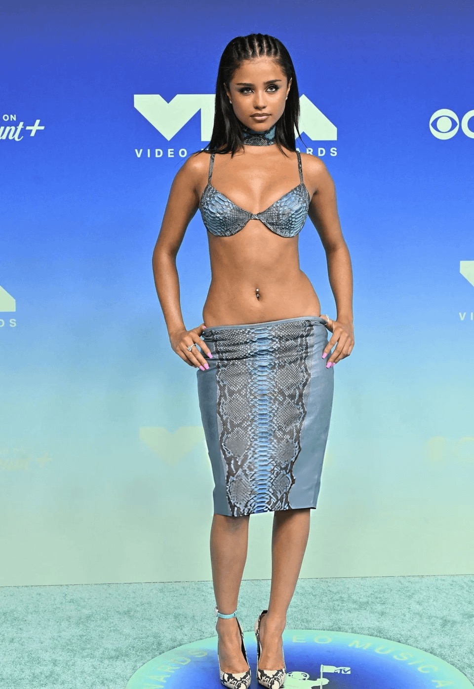 Tyla in a snakeskin-print Mowalola look at the 2026 MTV VMAs