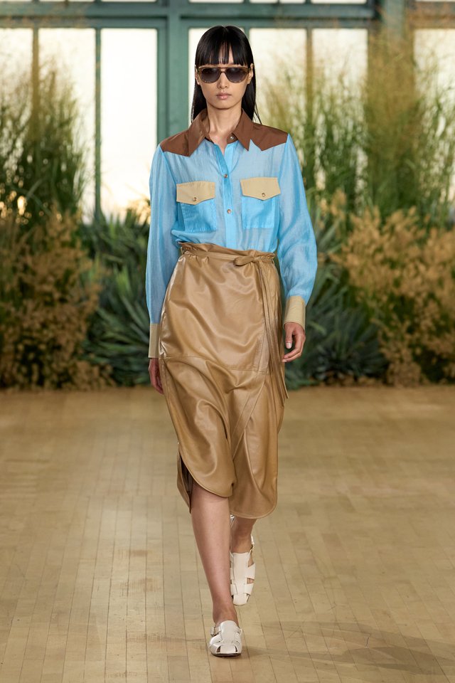Proenza Schouler Spring 2027 blue and neutral runway look