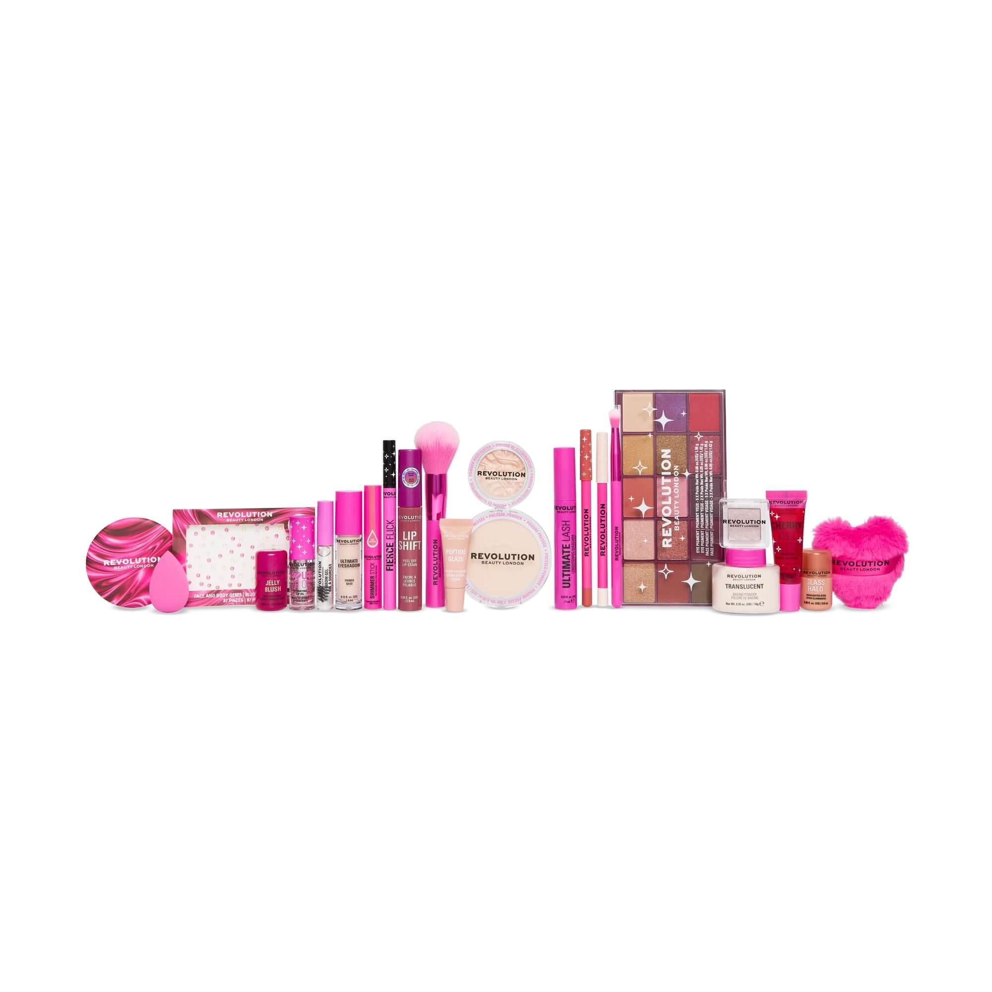 Products inside the Revolution Beauty Makeup Advent Calendar 2026