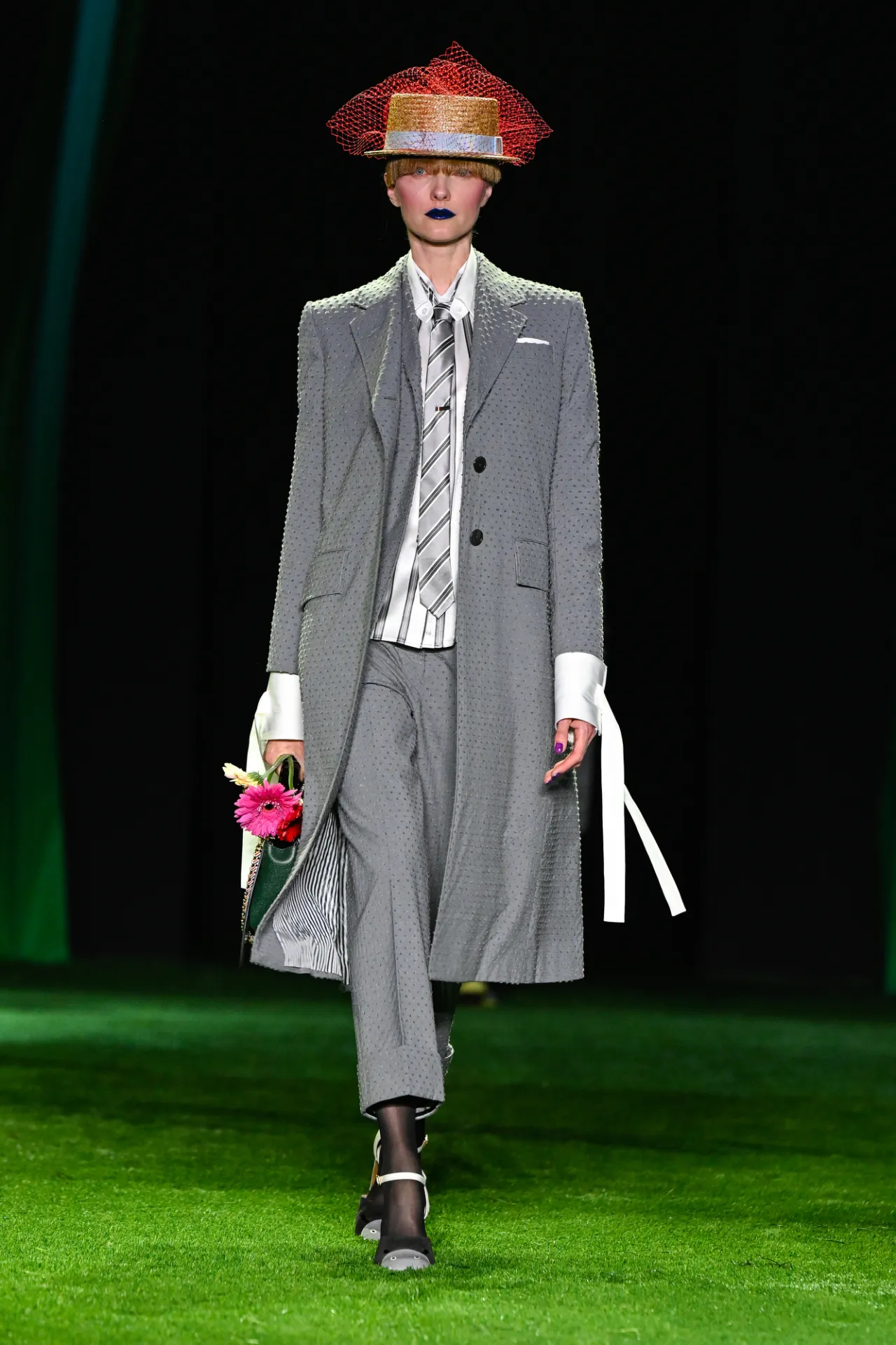 Thom Browne Spring 2027 grey tailored runway look at New York Fashion Week
