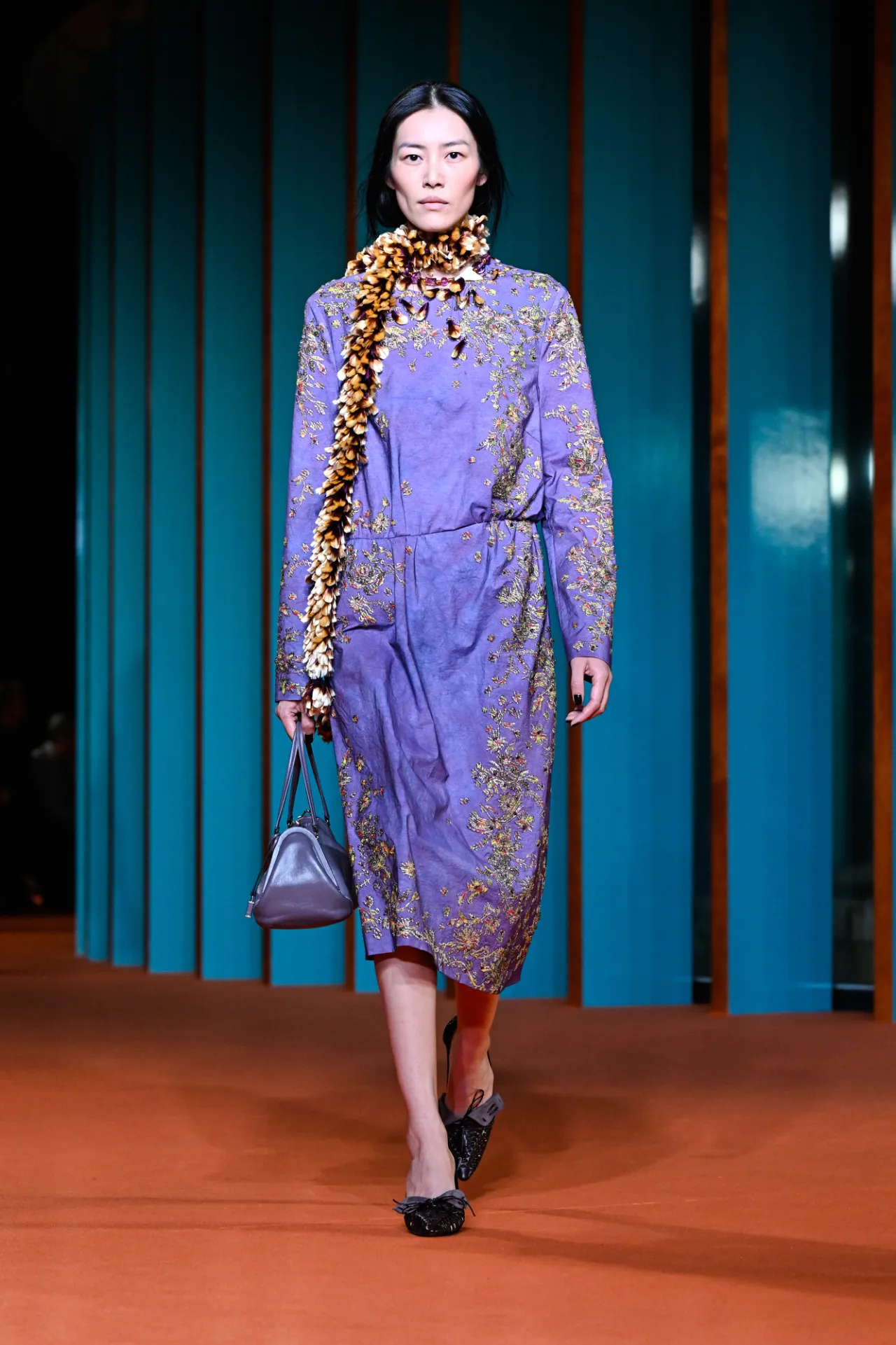 Tory Burch Spring 2027 purple runway look at New York Fashion Week