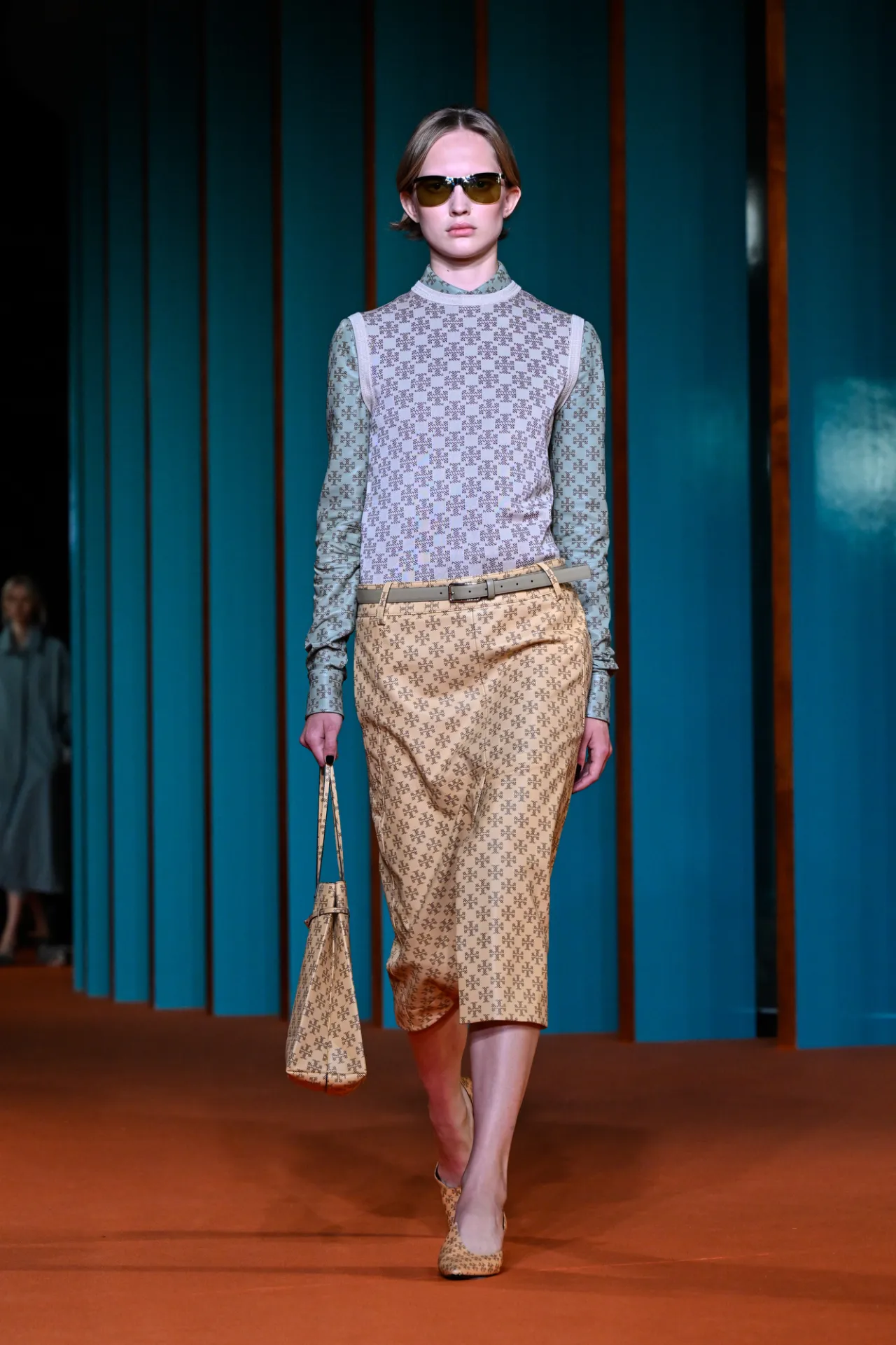 Tory Burch Spring 2027 patterned runway look at New York Fashion Week