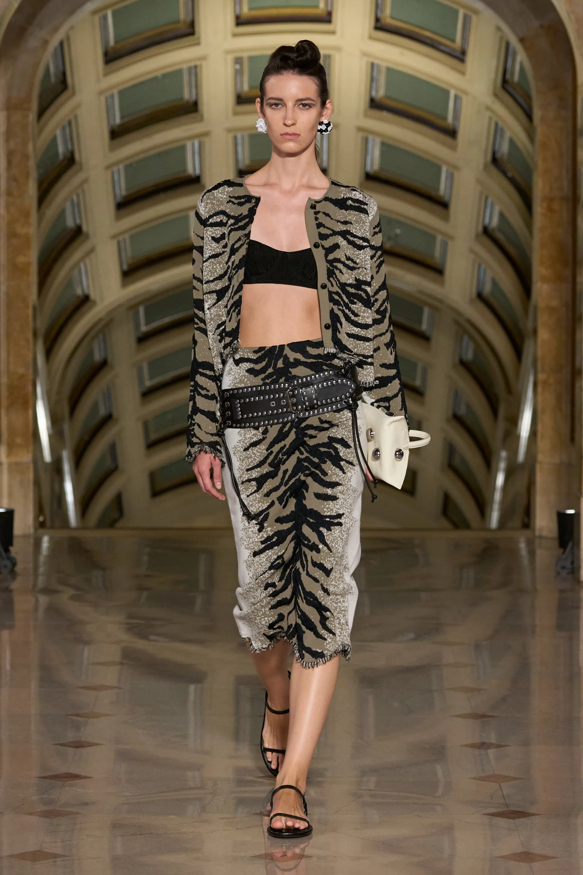 Altuzarra Spring 2027 dark bra worn with patterned tailored separates
