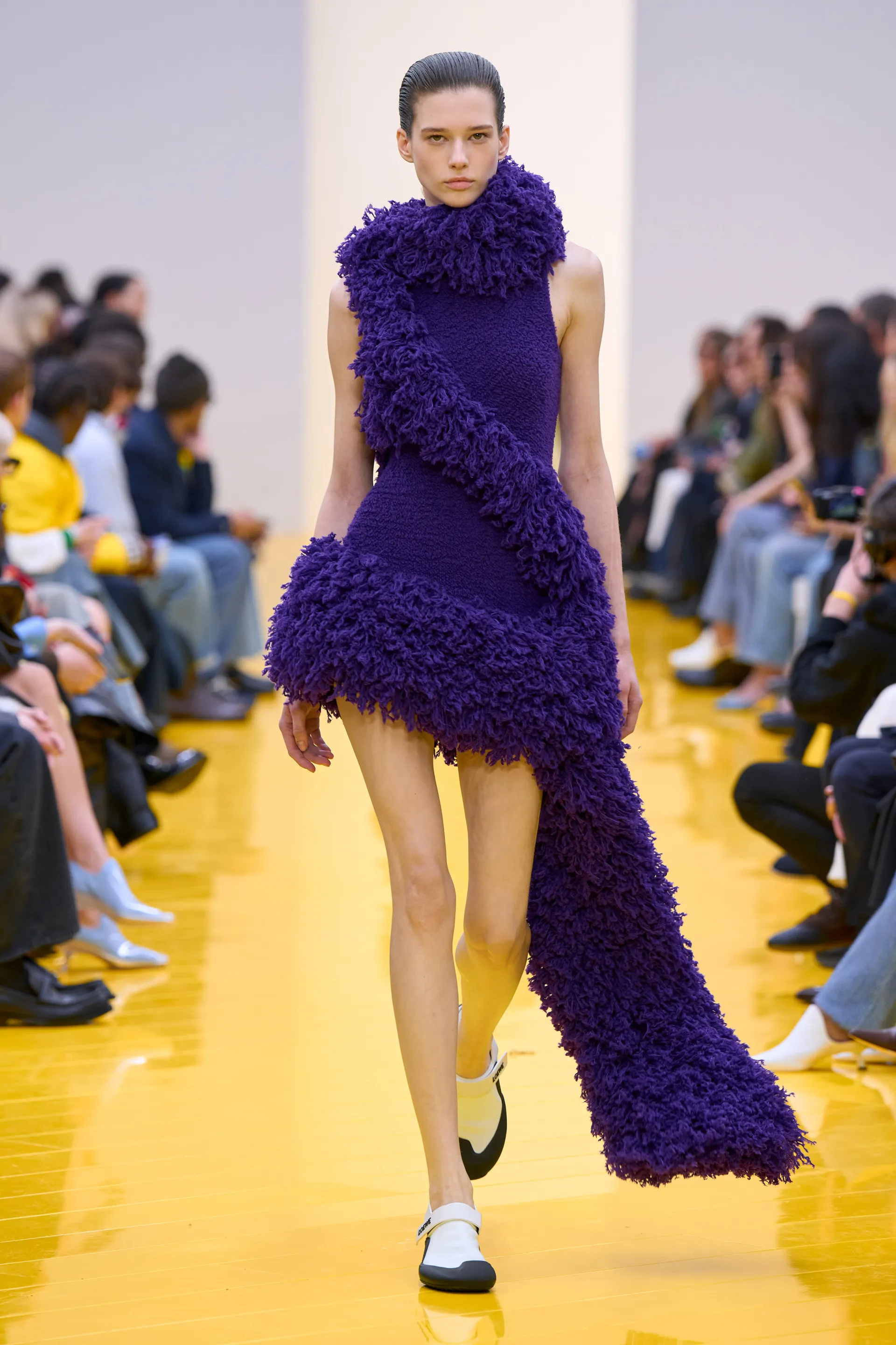 Purple textured dress on the Loewe Autumn Winter 2026 runway