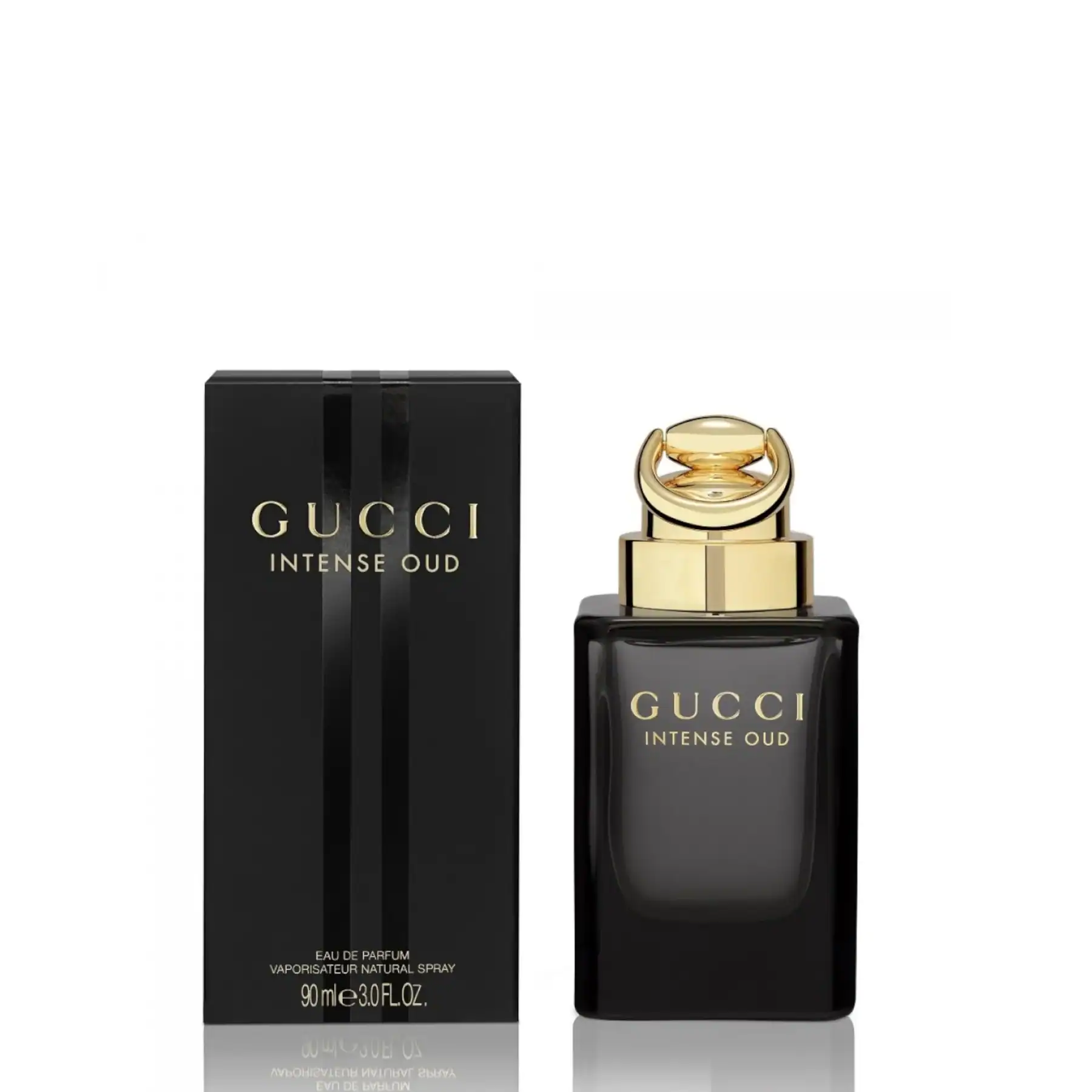 Gucci Intense Oud Eau de Parfum 90ml black bottle with gold cap and matching black box