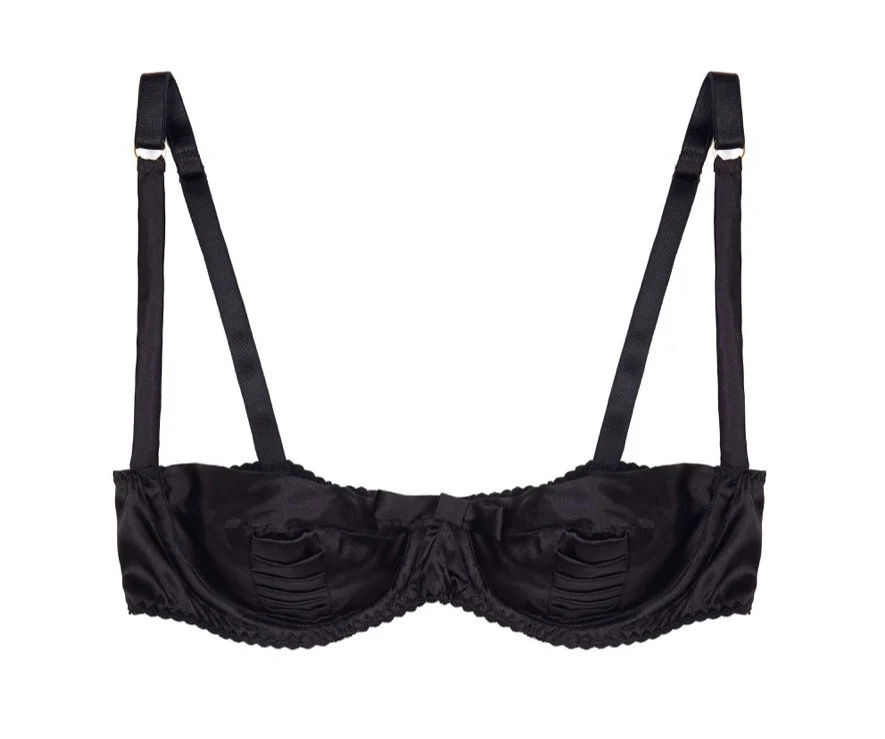 Sarah Brown London black silk satin pleated balconette bra