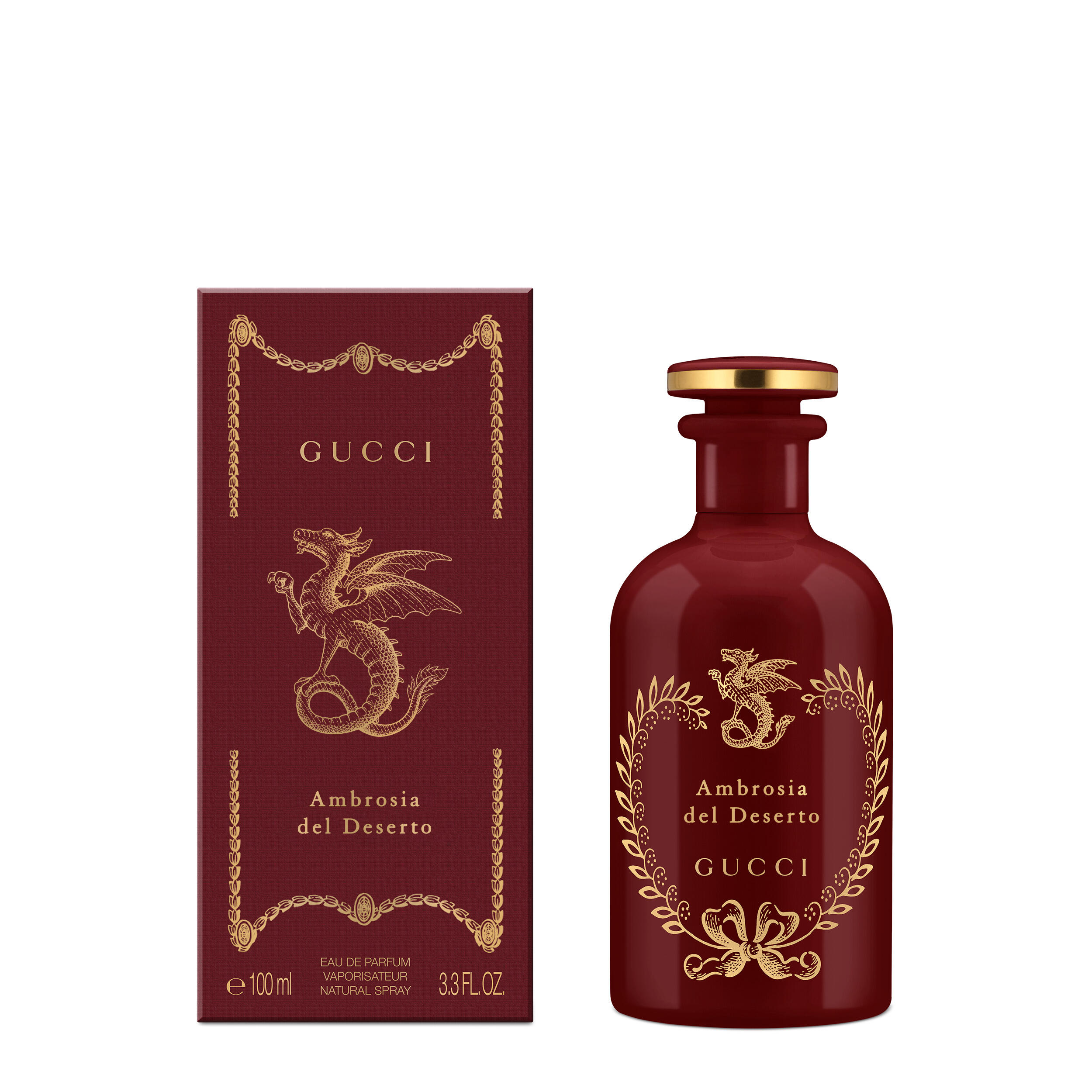 Gucci The Alchemist's Garden Ambrosia del Deserto Eau de Parfum in a red bottle with gold dragon detailing