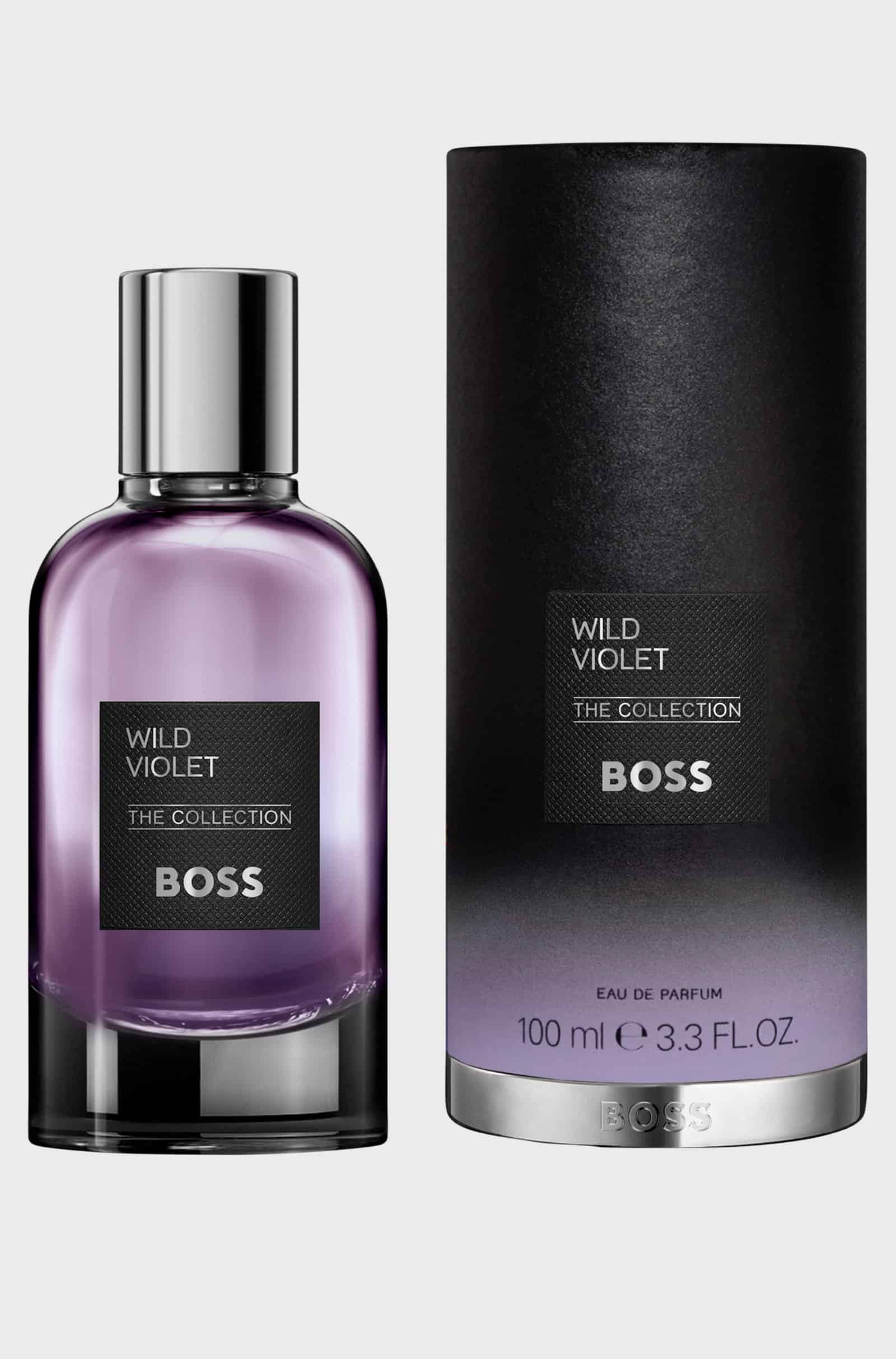BOSS The Collection Wild Violet Eau de Parfum 100ml purple bottle with silver cap and black cylindrical packaging