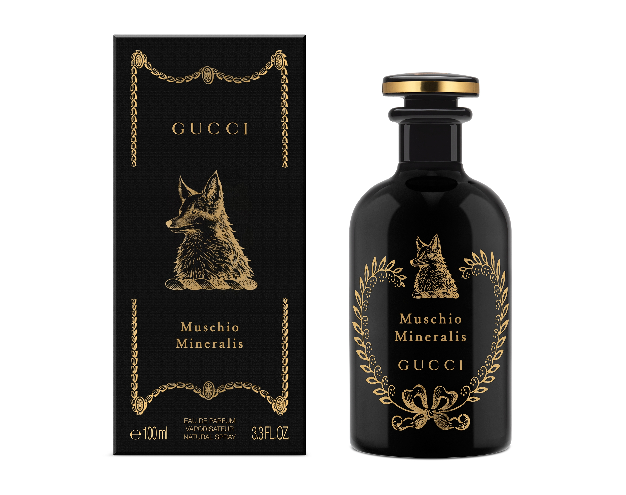 Gucci The Alchemist's Garden Muschio Mineralis Eau de Parfum 100ml black bottle with gold fox illustration and matching packaging
