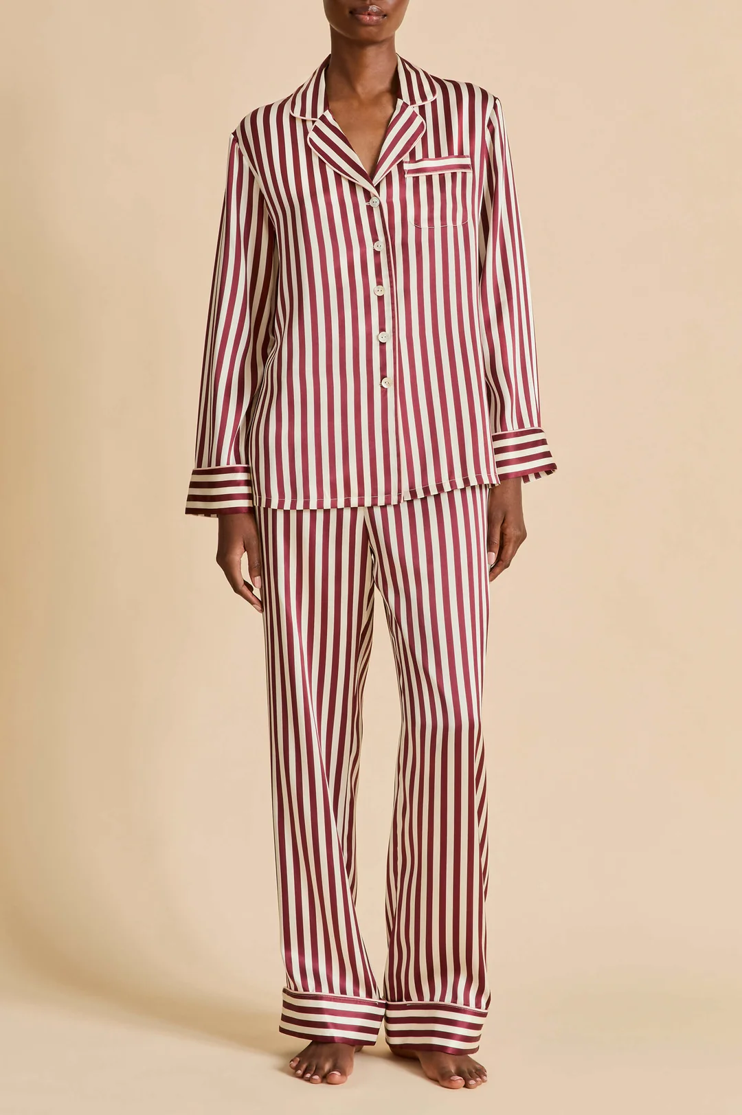Olivia von Halle Lila Soren burgundy stripe silk pyjamas