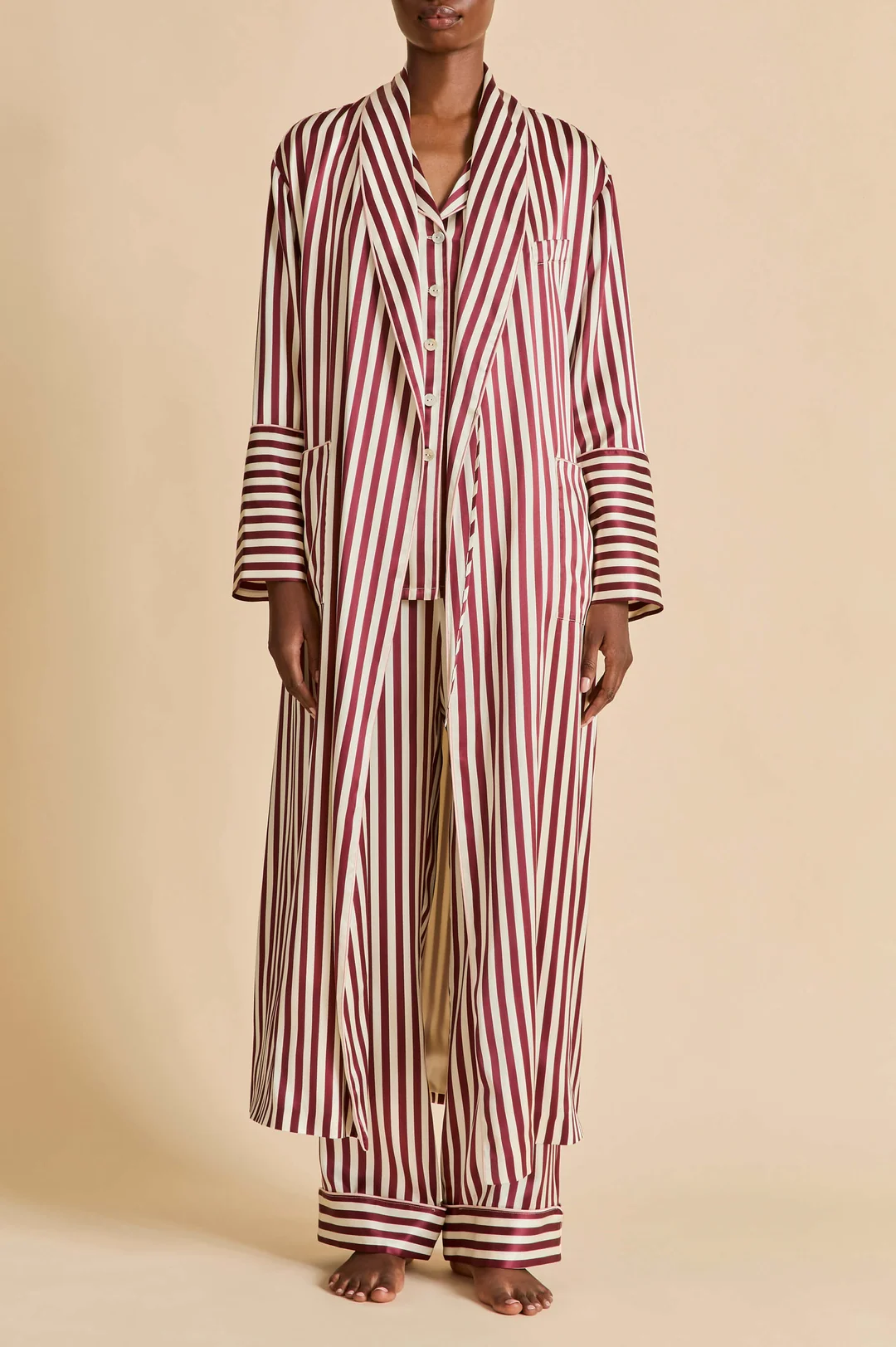 Model wearing Olivia von Halle Lila Soren silk pyjamas