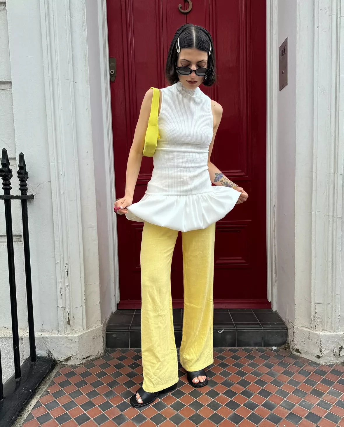 Butter yellow layering sleeveless dress spring outfit idea 2025